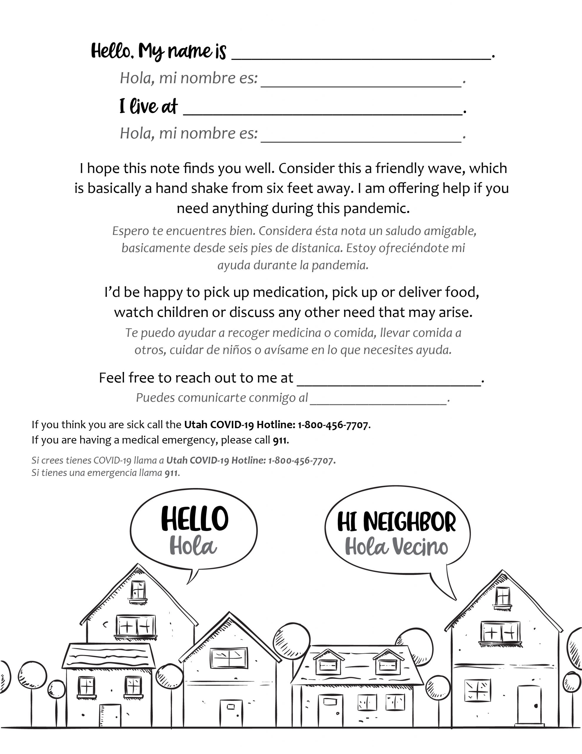 A black and white form for neighbors to fill name and address to offer assistance.