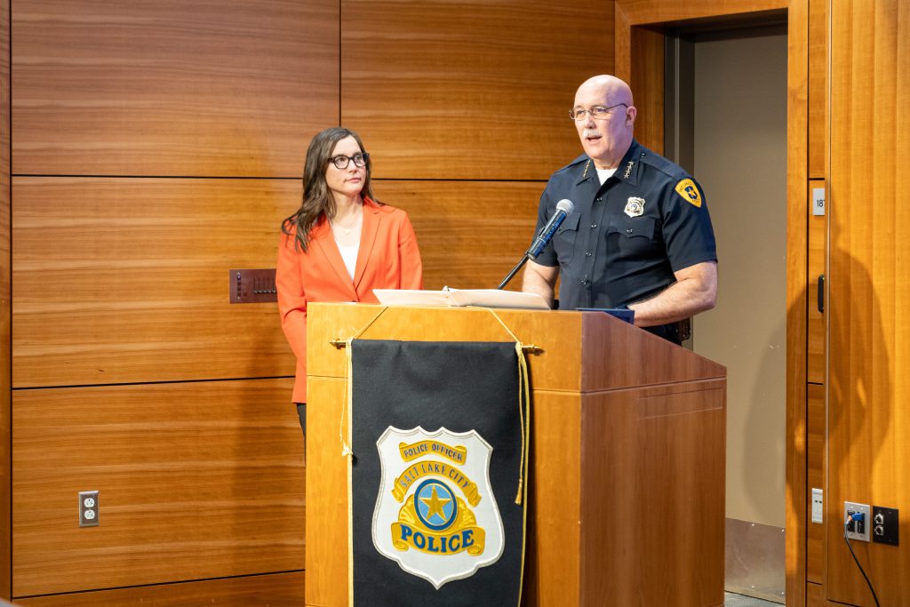 A photo of Mayor Erin Mendenhall and SLCPD Chief Mike Brown at the NBA Public Safety press conference.