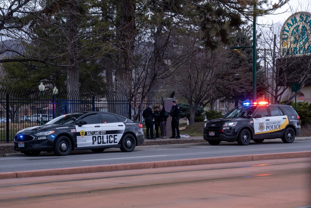 A group of Salt Lake City police officers working on North Temple Street.
