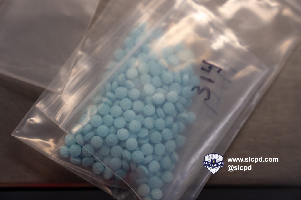 A package of blue M30 pills recently recovered by officers in Salt Lake City.